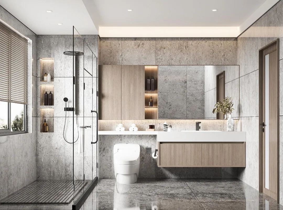 Lyst baderom med mørke toner